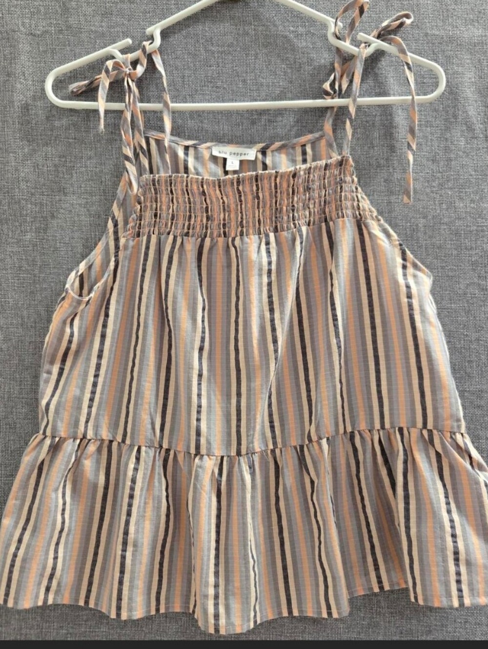 Striped Tie-Shoulder Ruffle Tank Top — Neutral Stripes Size Large